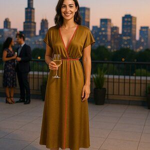 Uterque Womens Bronze Contrasting Piping Minimalist Midi Wrap Dress Size S